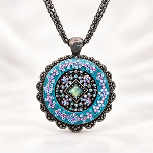 Vintage Blue Rhinestone Photo Locket Necklace Turquoise Gunmetal Boho Medallion